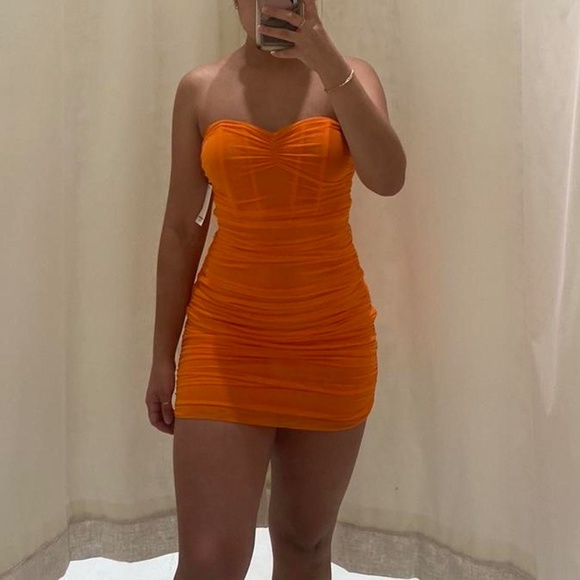 open lace back dress Embellished Strapless Mini Dress in Red and Orange Ombr 4